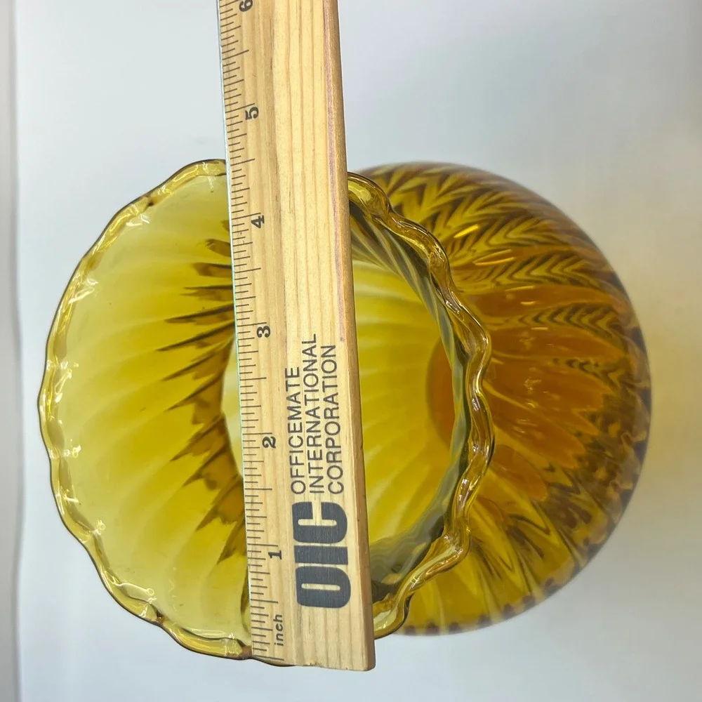 Vintage Amber Glass‎ Optic Swirl Vase Ruffled Rim Mid Century Modern 10.5 Inch